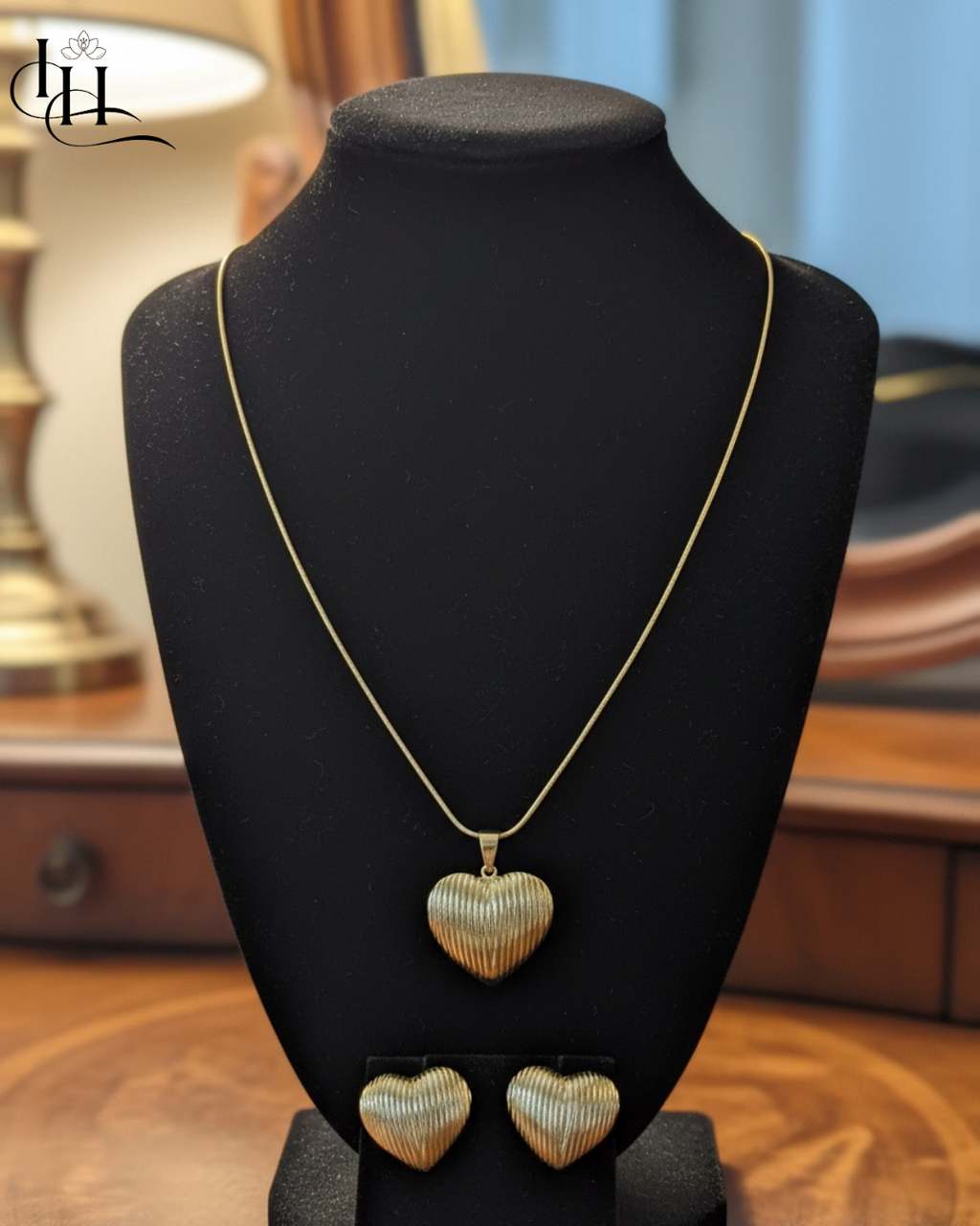 Golden Textured Heart Pendant & Earrings Set