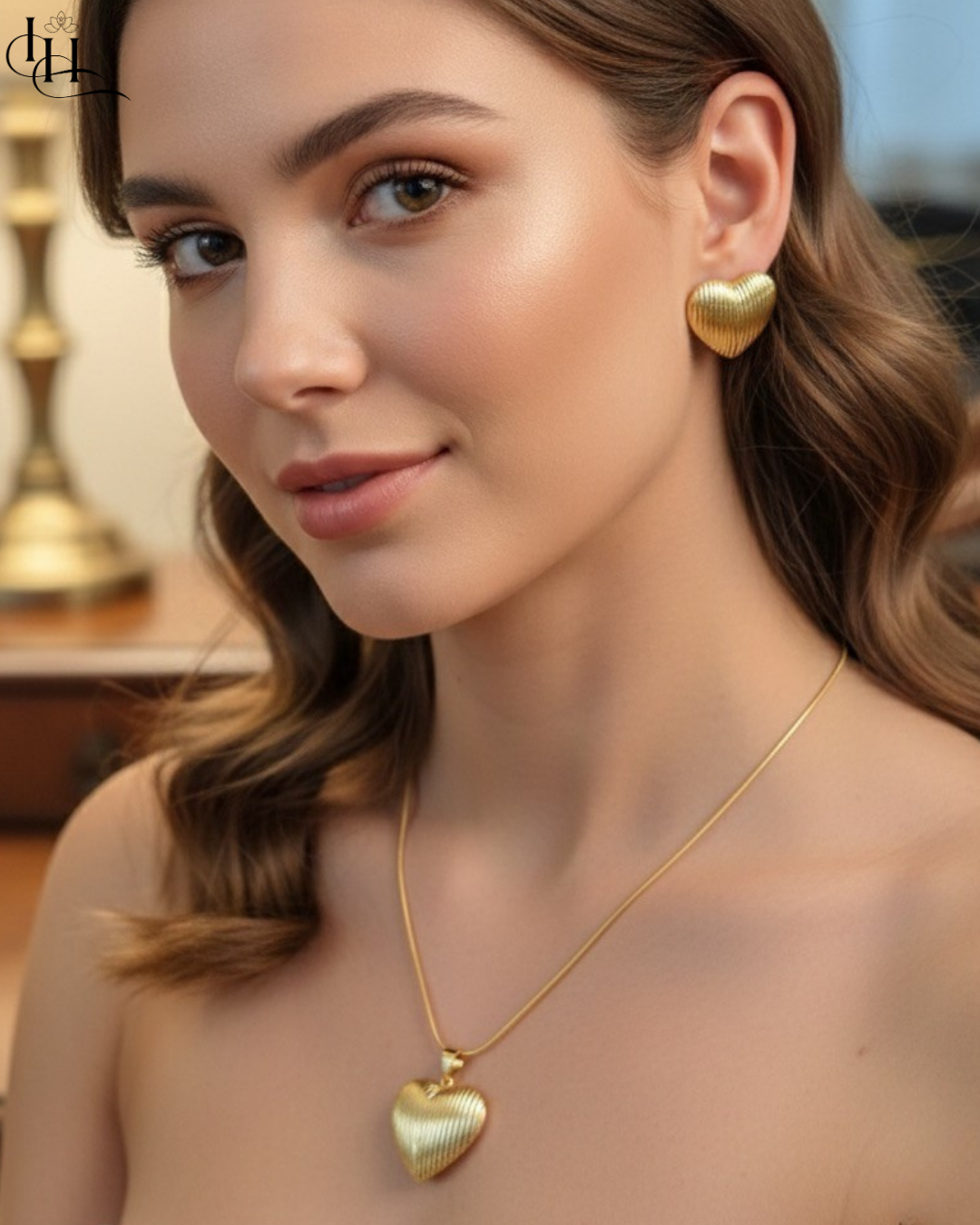 Golden Textured Heart Pendant & Earrings Set