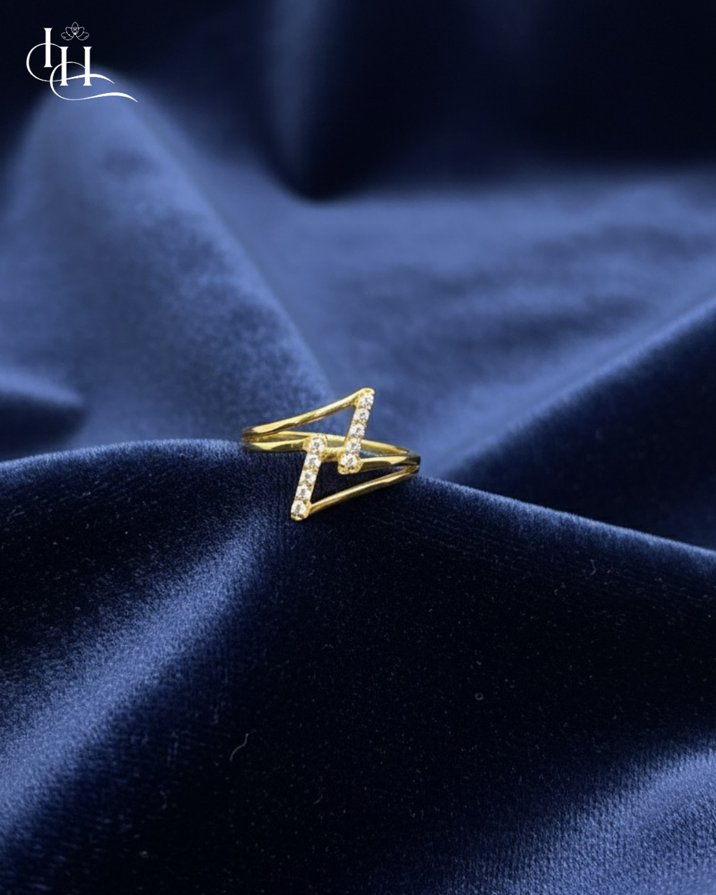 Gold Lightning Bolt Ring: Pave CZ Zig-Zag Statement