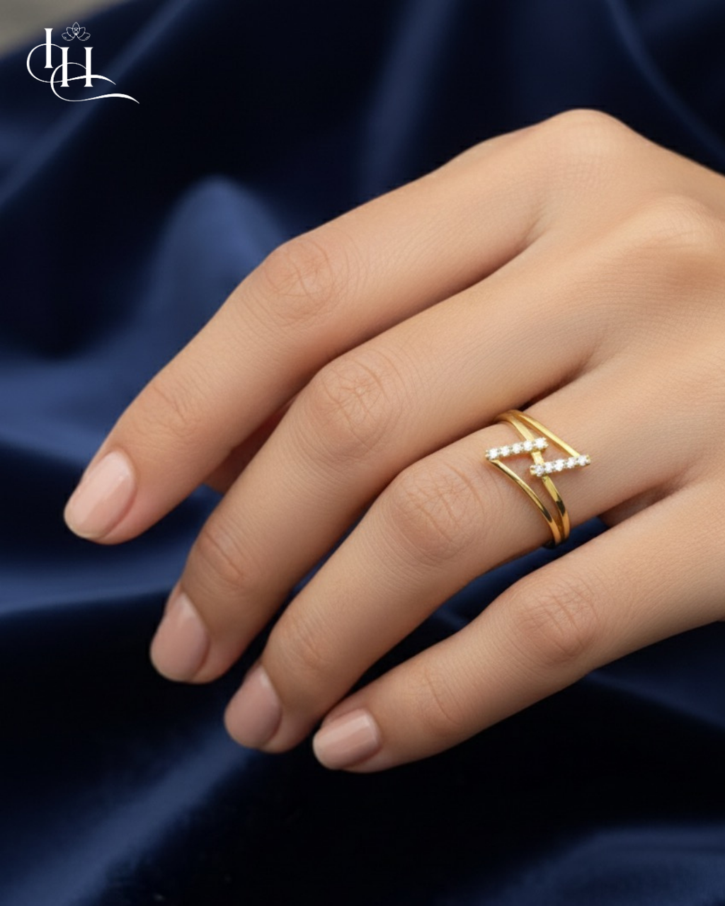Gold Lightning Bolt Ring: Pave CZ Zig-Zag Statement
