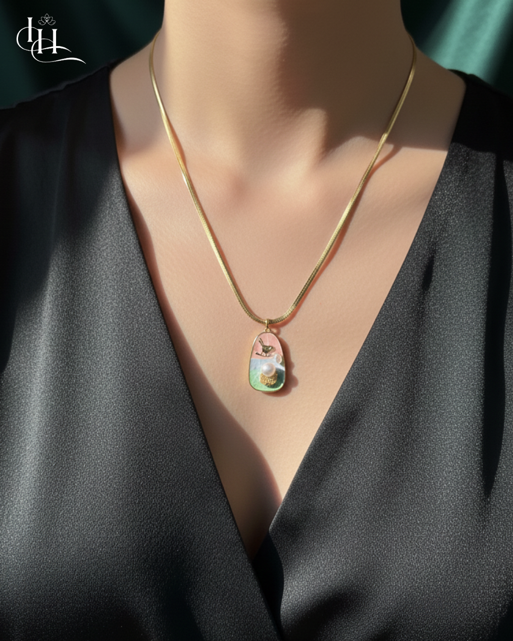Bird & Pearl Enamel Pendant Necklace