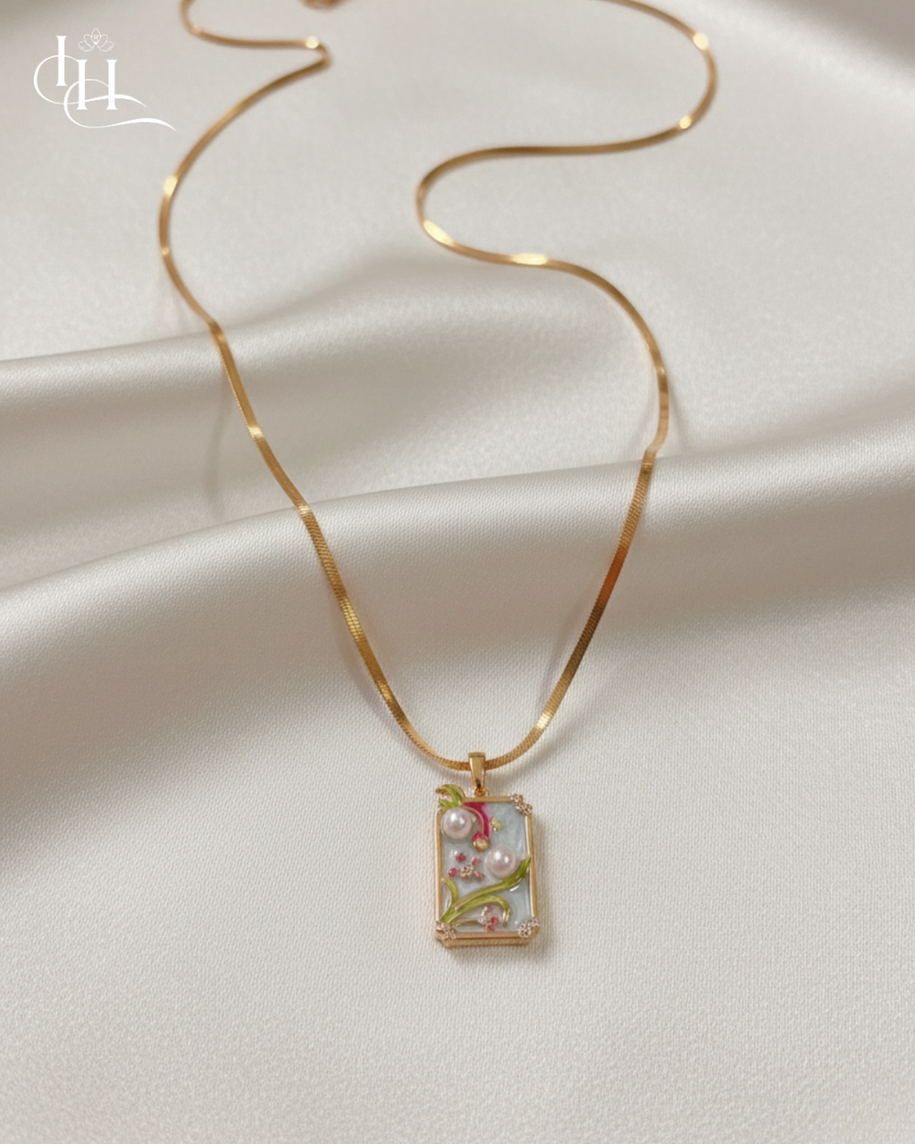 Garden Pearl Enamel Rectangle Pendant Necklace