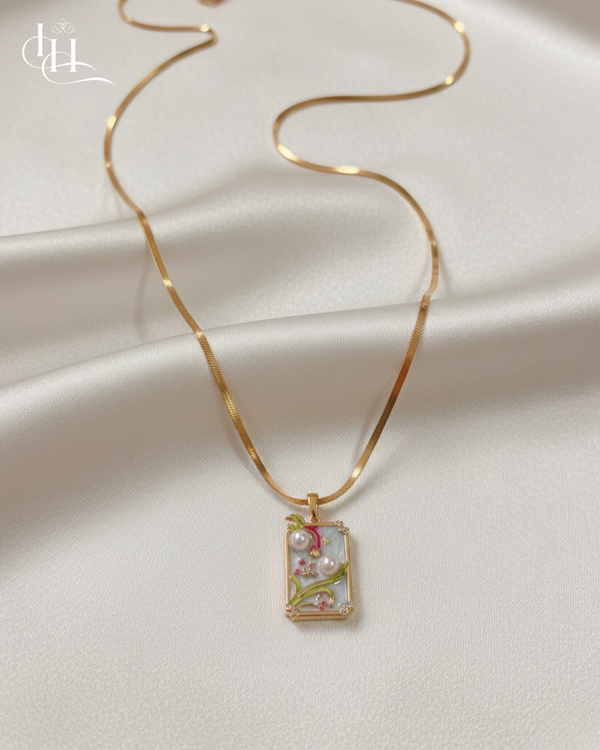 Garden Pearl Enamel Rectangle Pendant Necklace