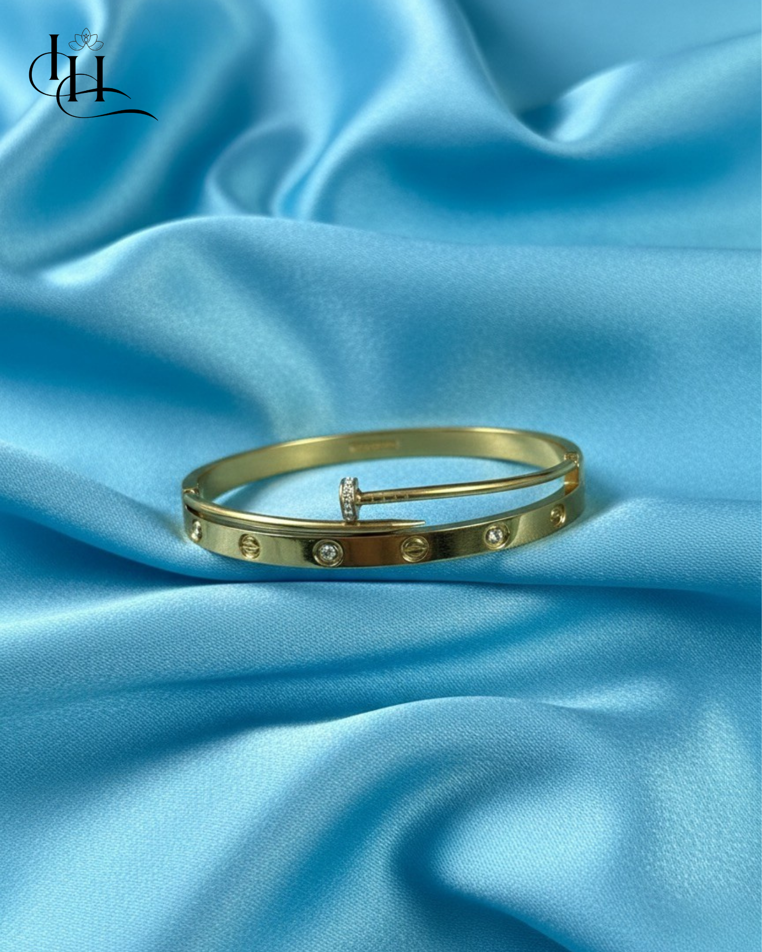 Dual Luxe Gold Bracelet – Screw Motif with Pavé Nail Accent