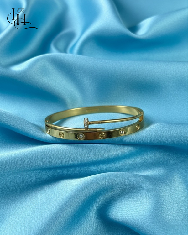 Dual Luxe Gold Bracelet – Screw Motif with Pavé Nail Accent