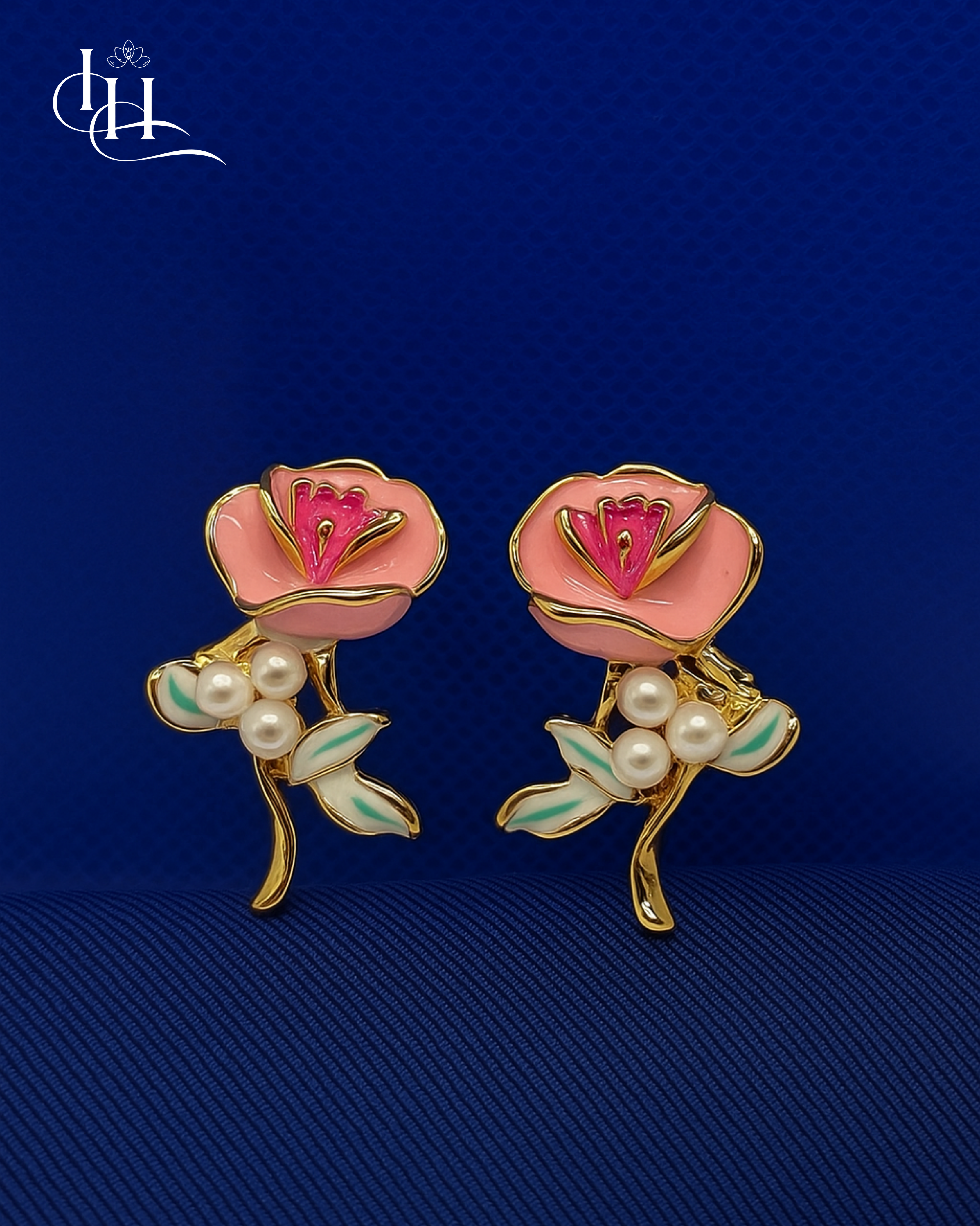Floral Bloom Enamel Earrings with Pearls and Gold Finish