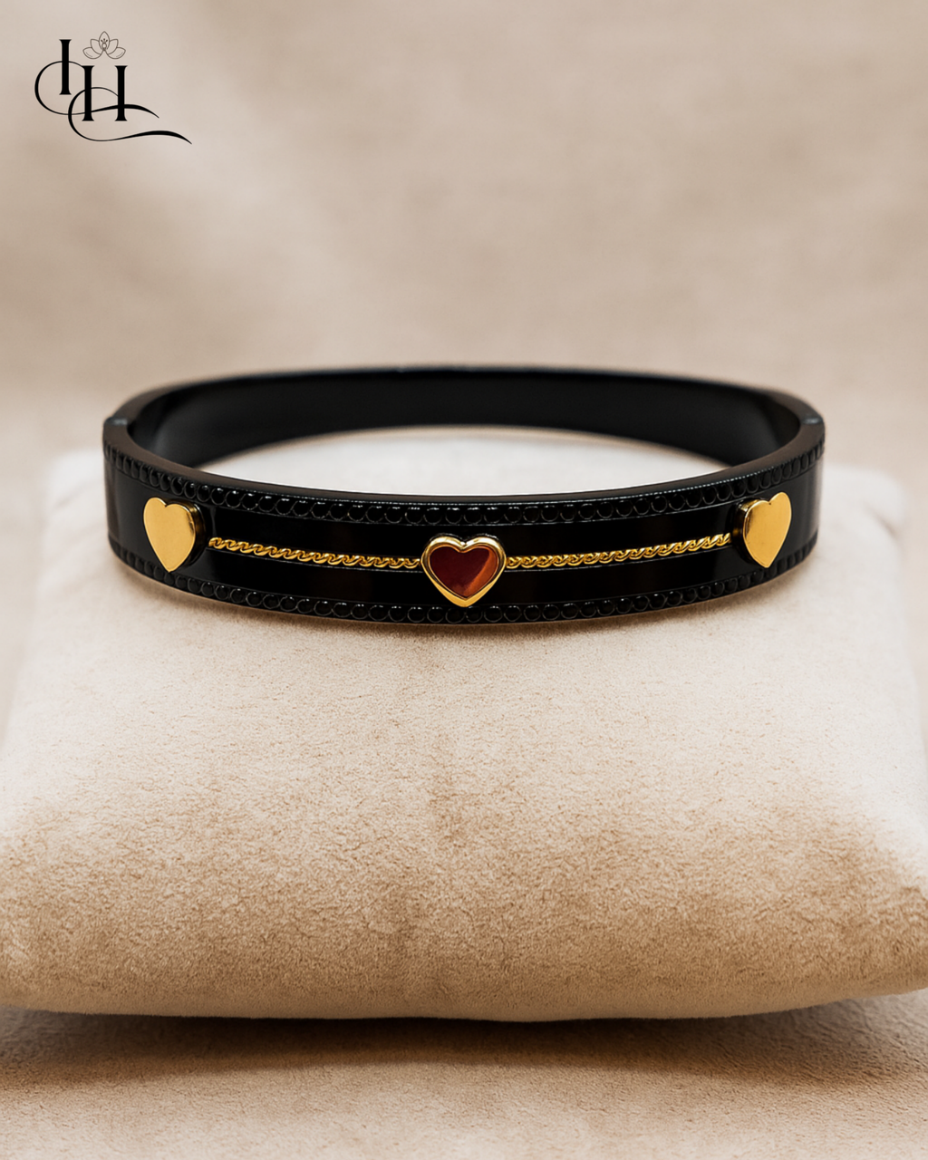 Black Enamel Bracelet with Gold Heart Charms