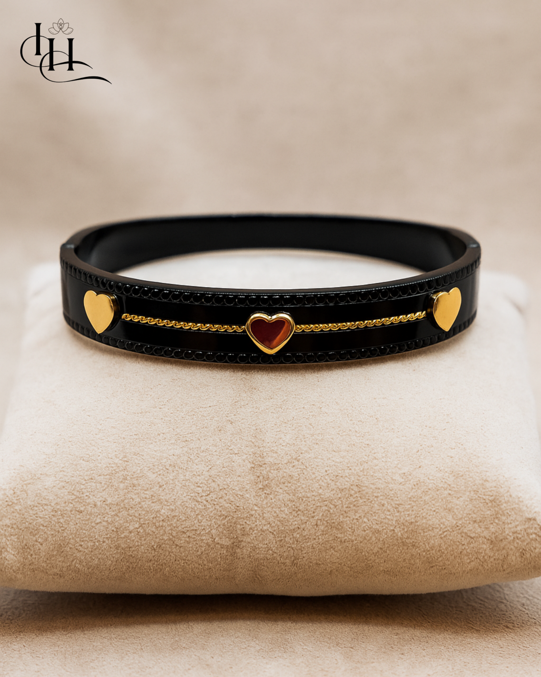 Black Enamel Bracelet with Gold Heart Charms
