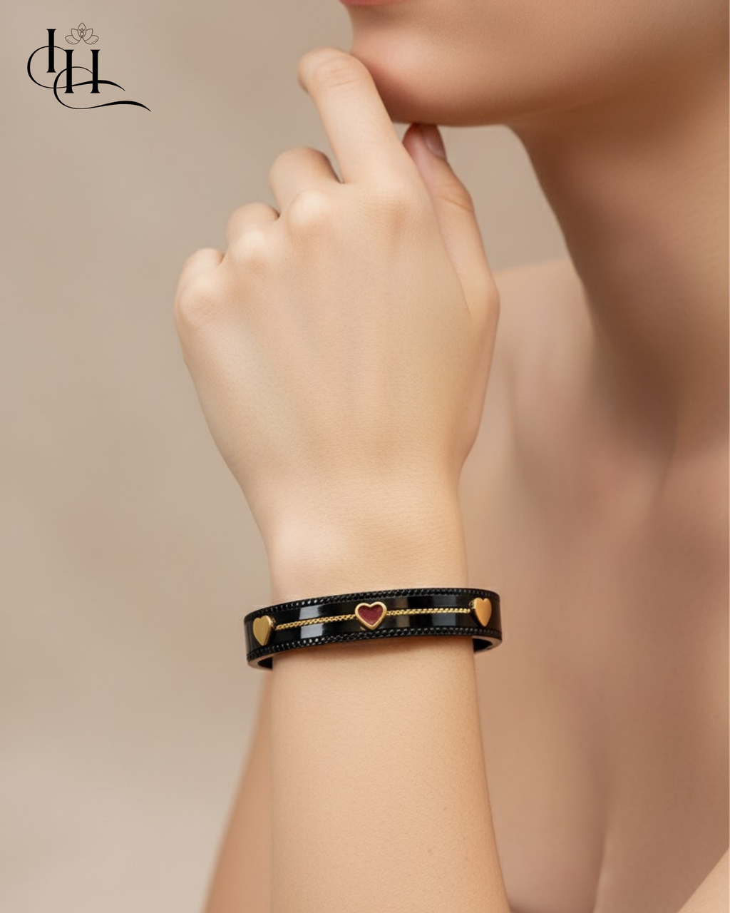 Black Enamel Bracelet with Gold Heart Charms