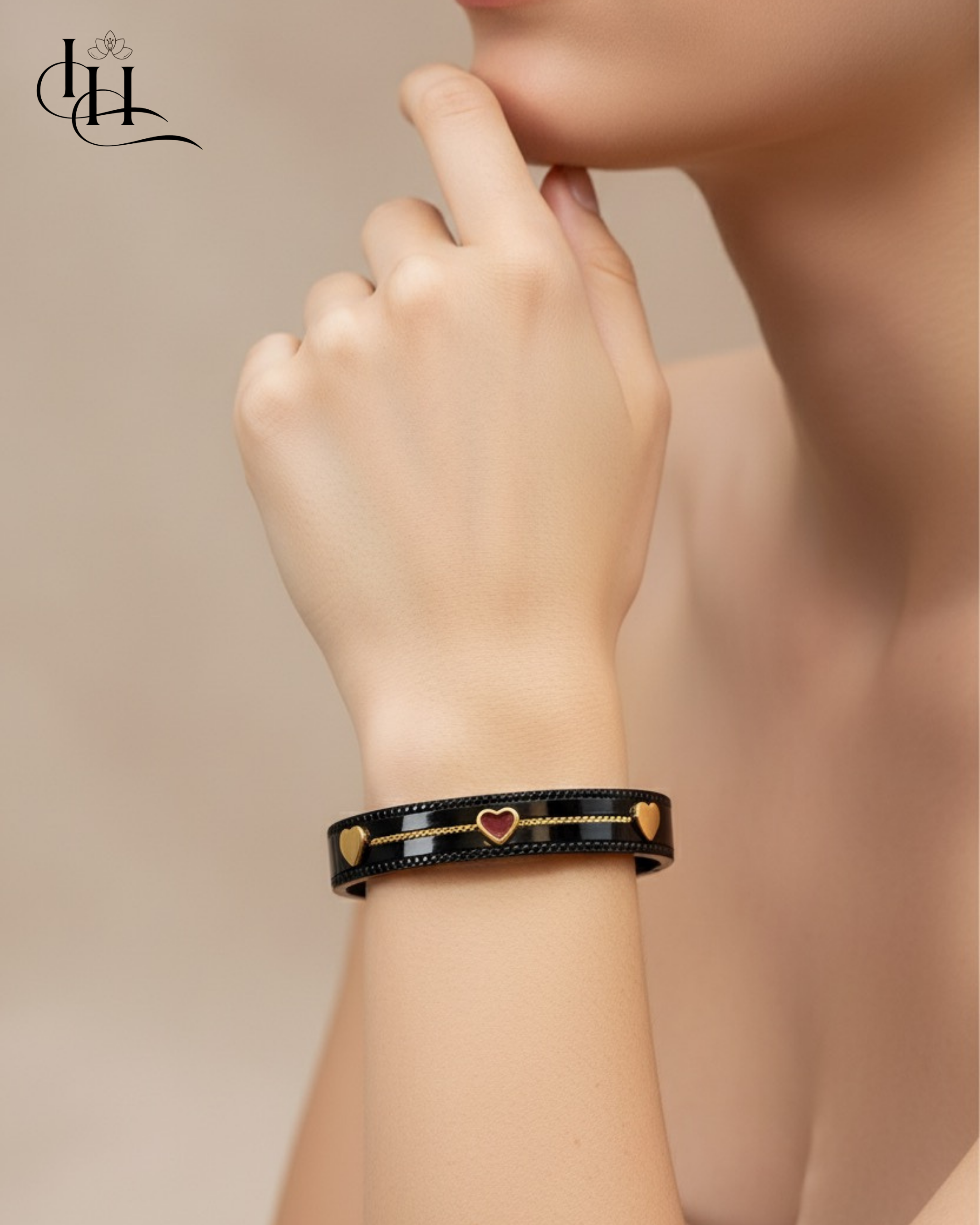 Black Enamel Bracelet with Gold Heart Charms