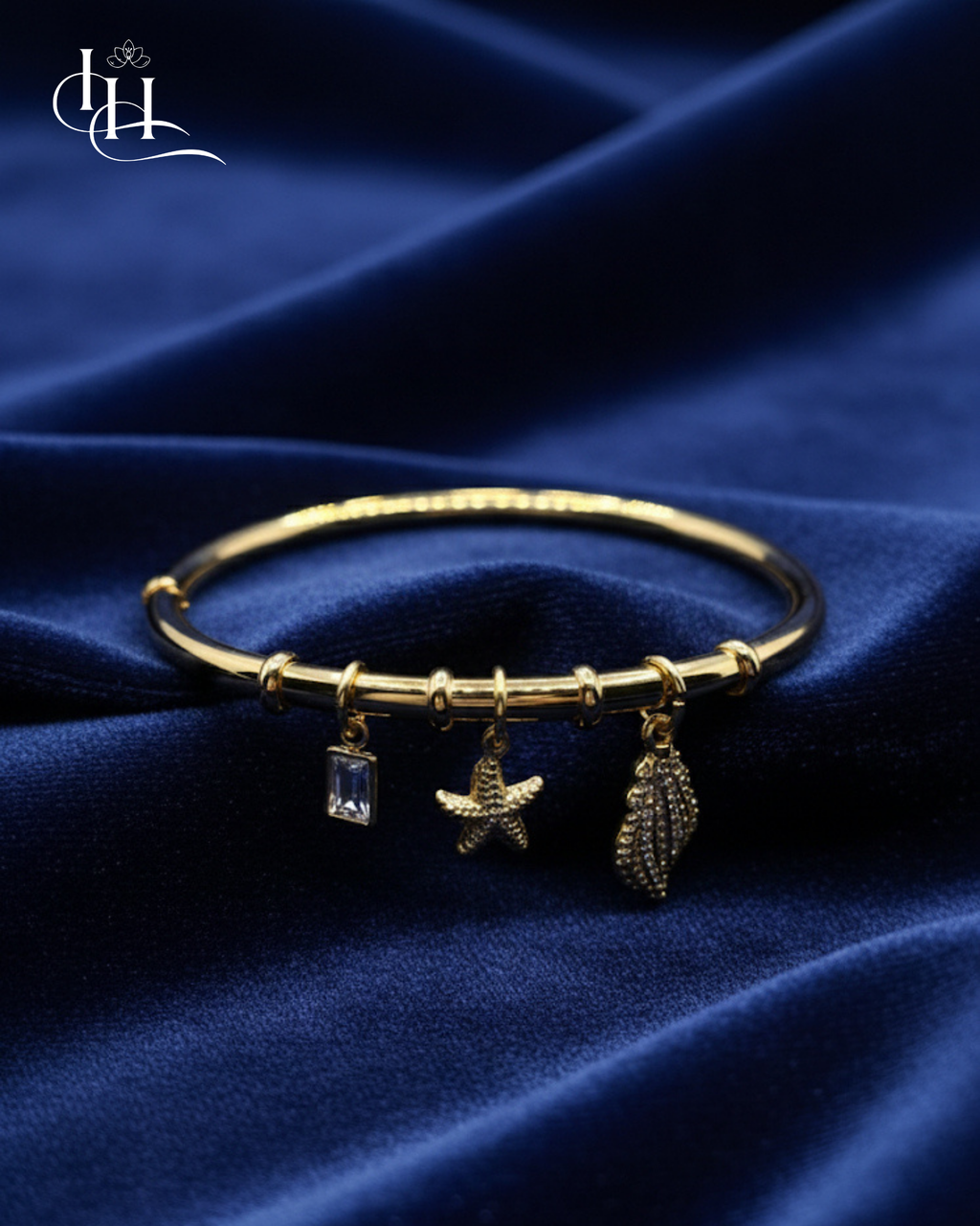 Golden Ocean Charm Bangle | Seashell & Starfish Bracelet for Women