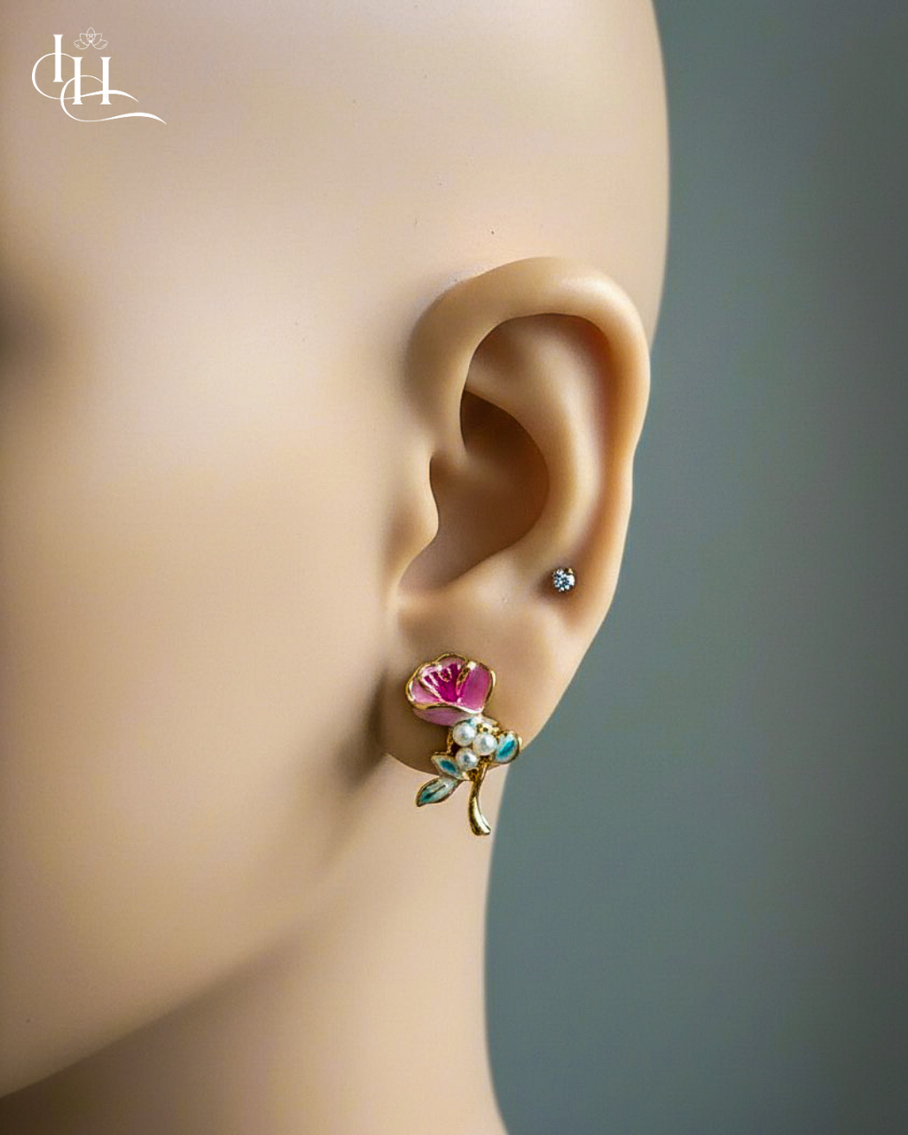 Floral Bloom Enamel Earrings with Pearls and Gold Finish