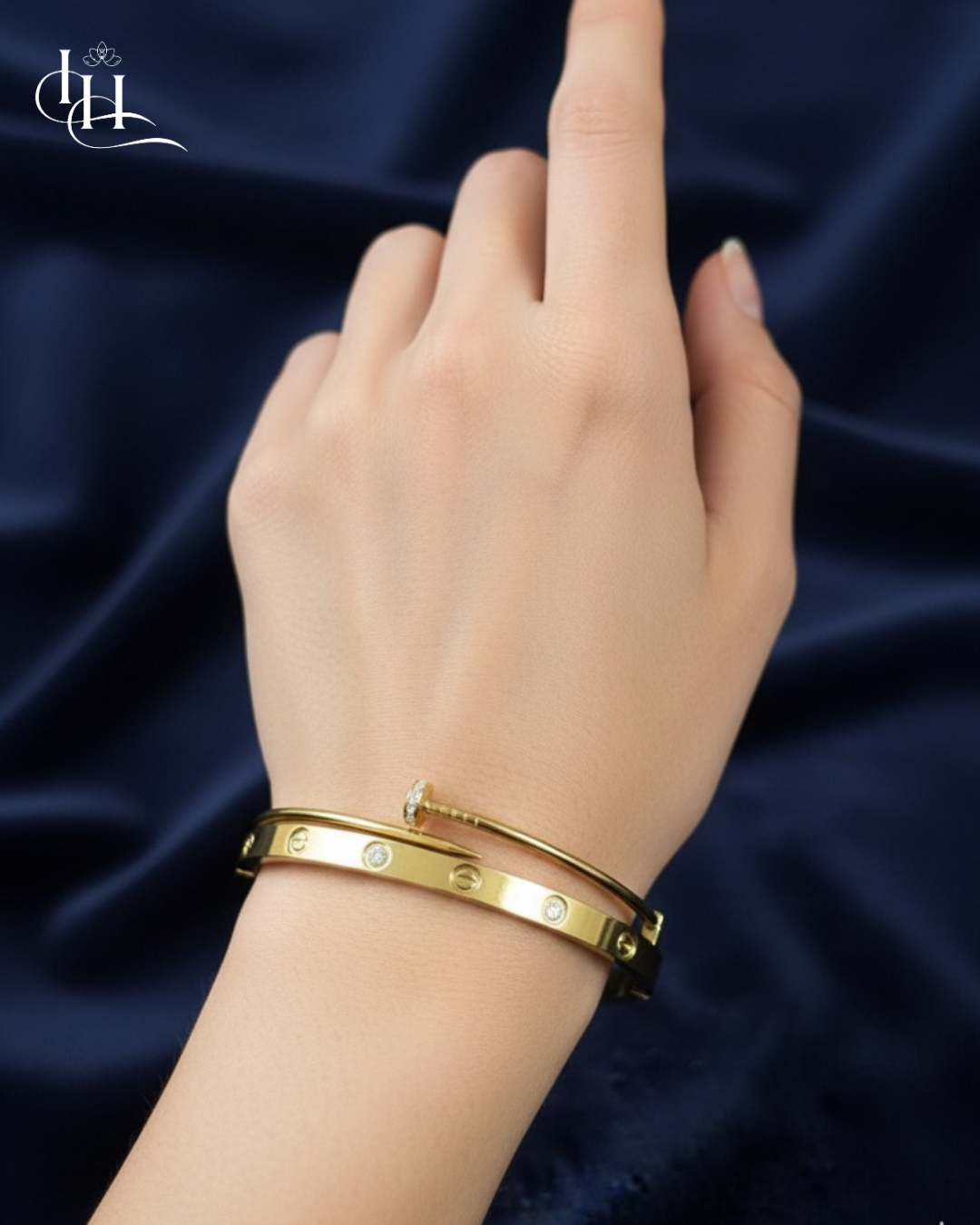 Dual Luxe Gold Bracelet – Screw Motif with Pavé Nail Accent